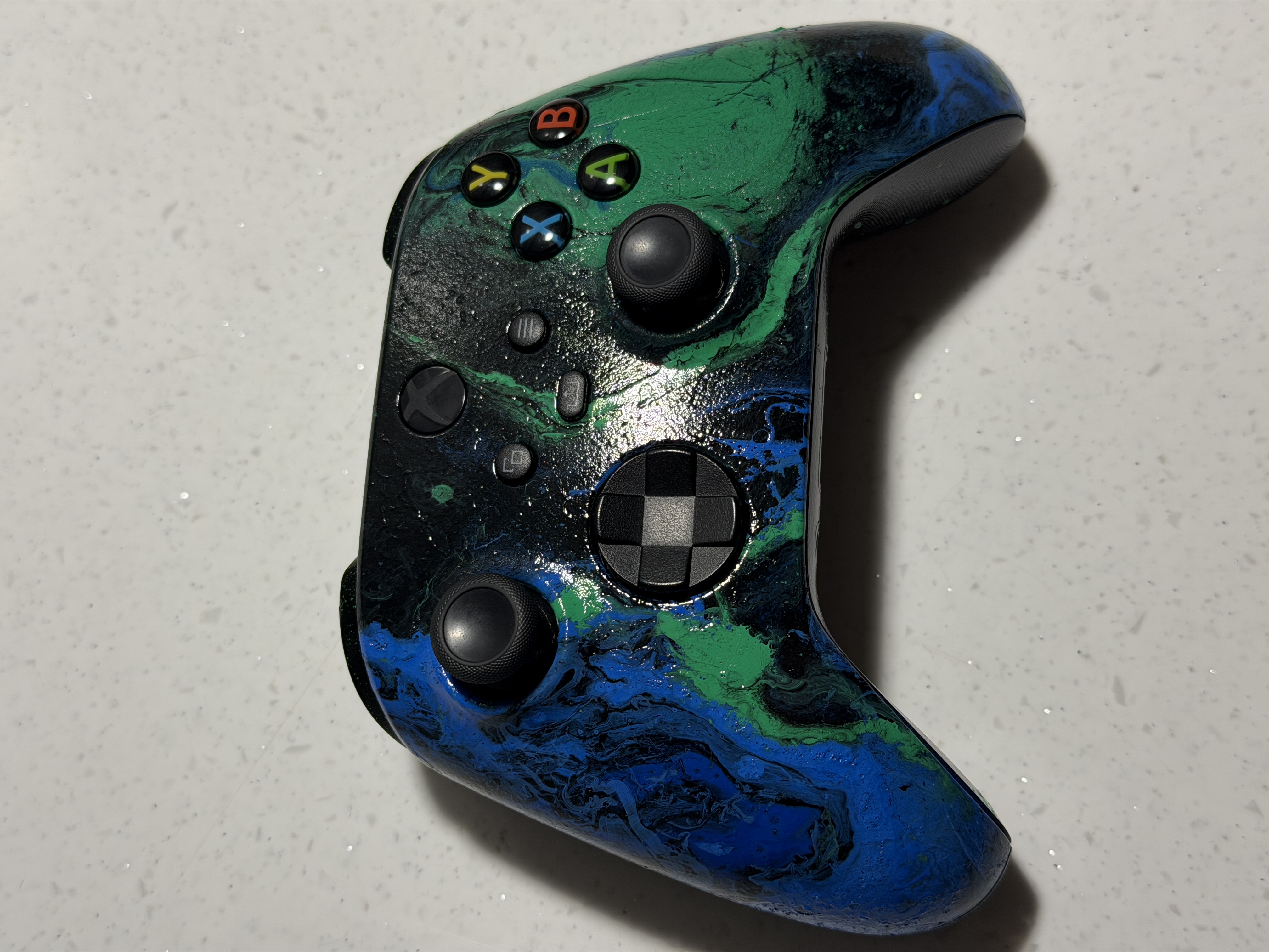 Custom hydro dip Xbox controller — green and blue